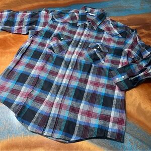 Vintage Frostproof Pearl Snap Cotton Plaid Flannel Made in USA 3XL blue gray red